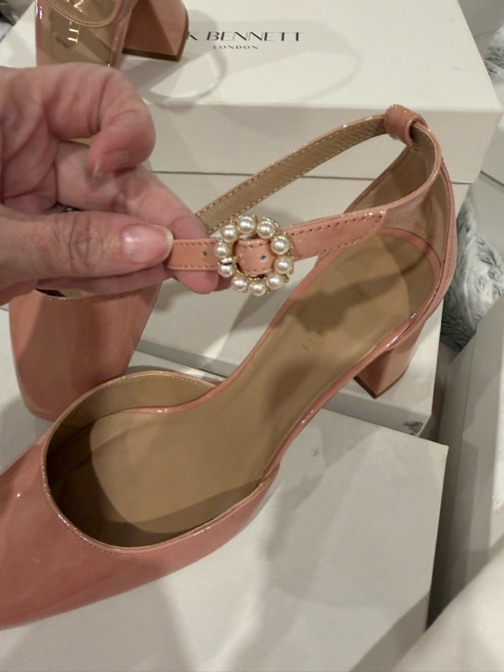 LK Bennett Darling Pink Patent Block Heel Embellish Ankle-Strap Pumps - Picture 2 of 12